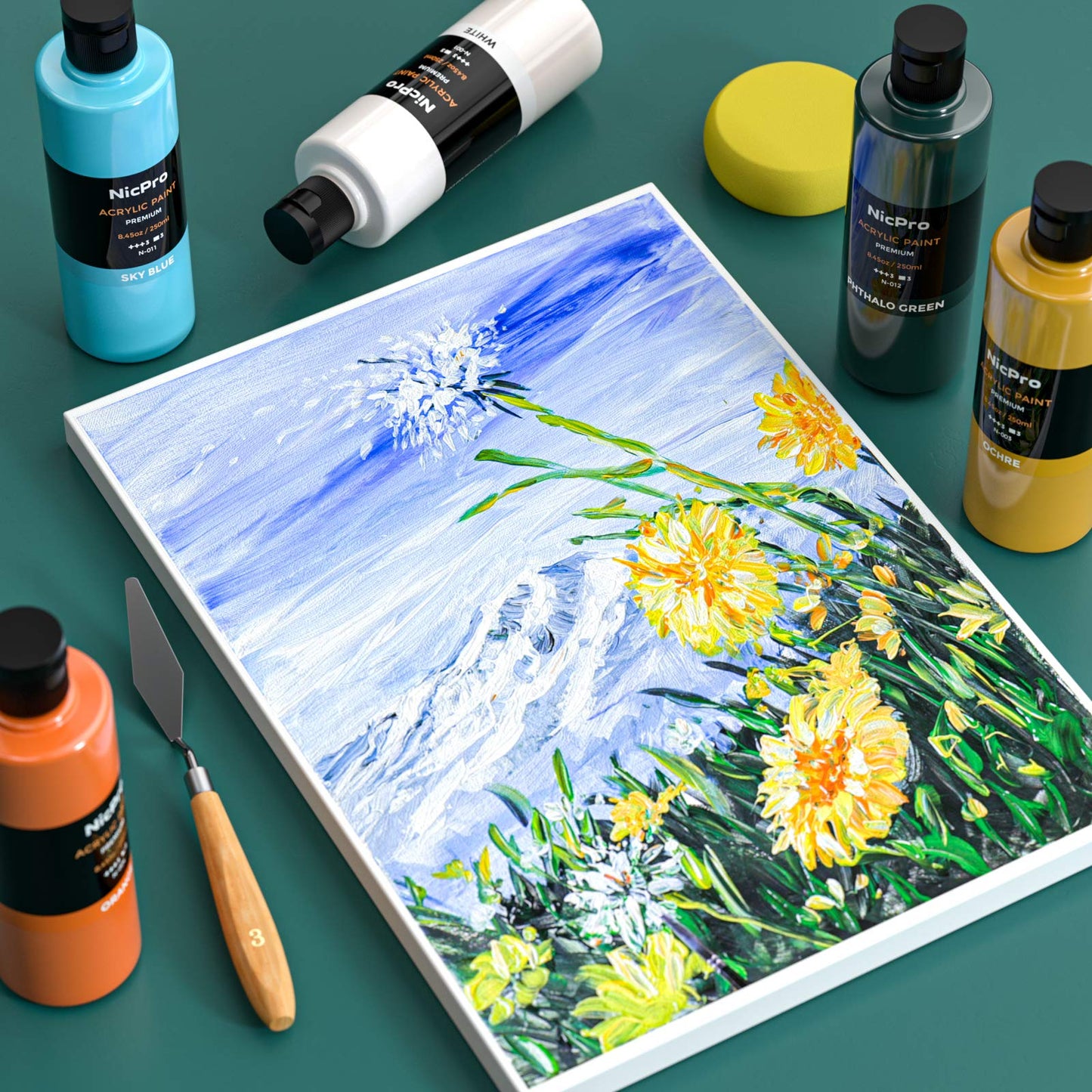 Nicpro 14 Colors Large Bulk Acrylic Paint Set (16.9 oz,500 ml) Rich Art Painting Supplies, Non Toxic for Multi Surface Canvas Wood Leather Fabric Stone Craft, for Kid & Adult with Color Wheel