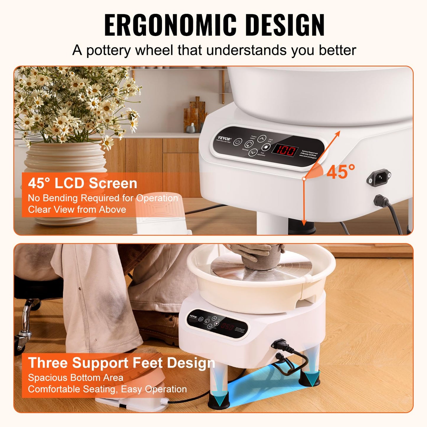 VEVOR 11 inch Pottery Wheel for Adults, 450W Forming Machine with Direct Drive Motor and LCD Touch Screen, 50-300RPM Speed Adjustable Foot Pedal Detachable Basin, for Art Craft Work Home DIY, White