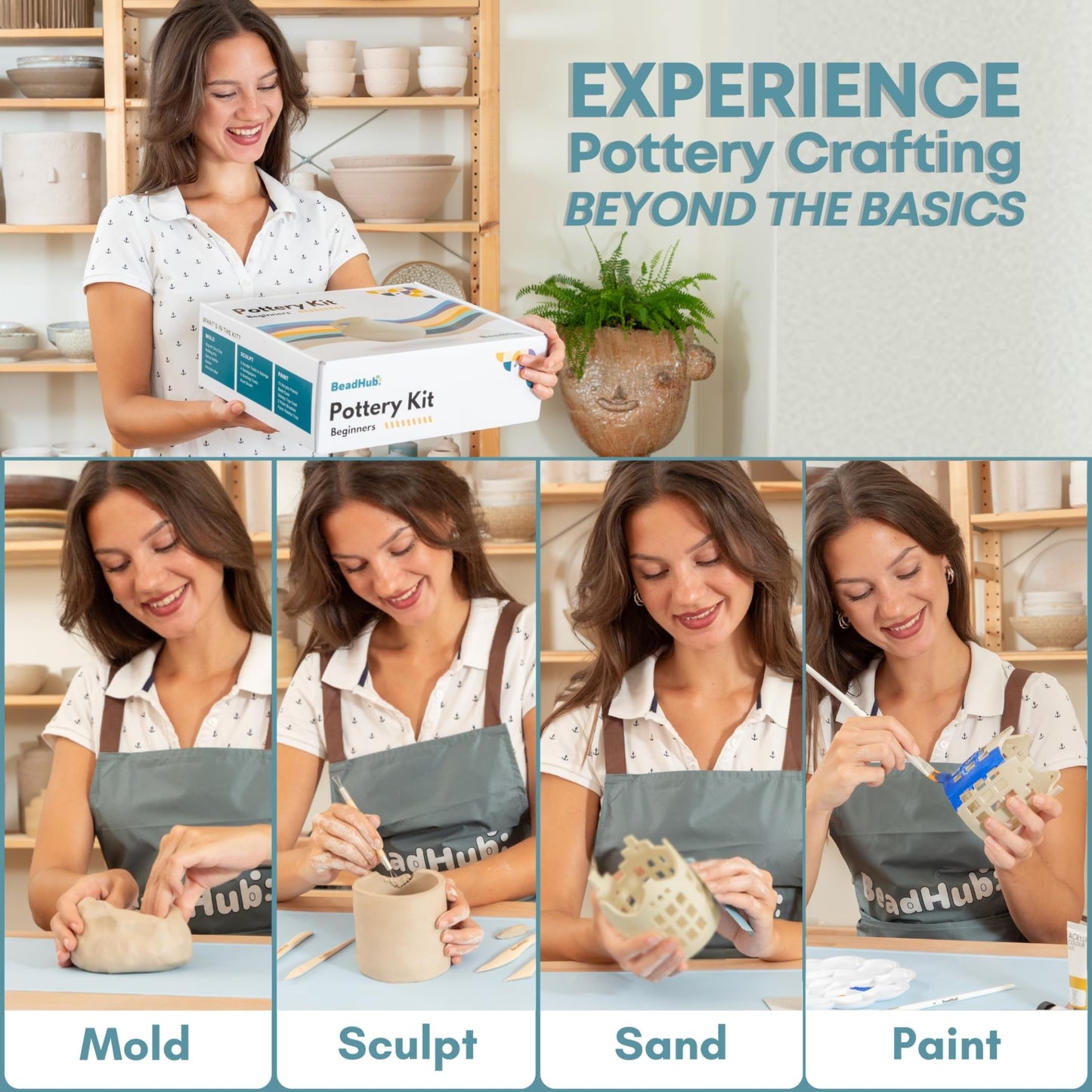 Pottery Kit for Beginners, 4.4Lbs Air Dry Clay for Adults with Sculpting Tools, Paint, Glaze, Air-Dry Modeling Clay Molding, Sculpt & Painting Set, Hobby Date Night DIY Art Craft Kits (White)