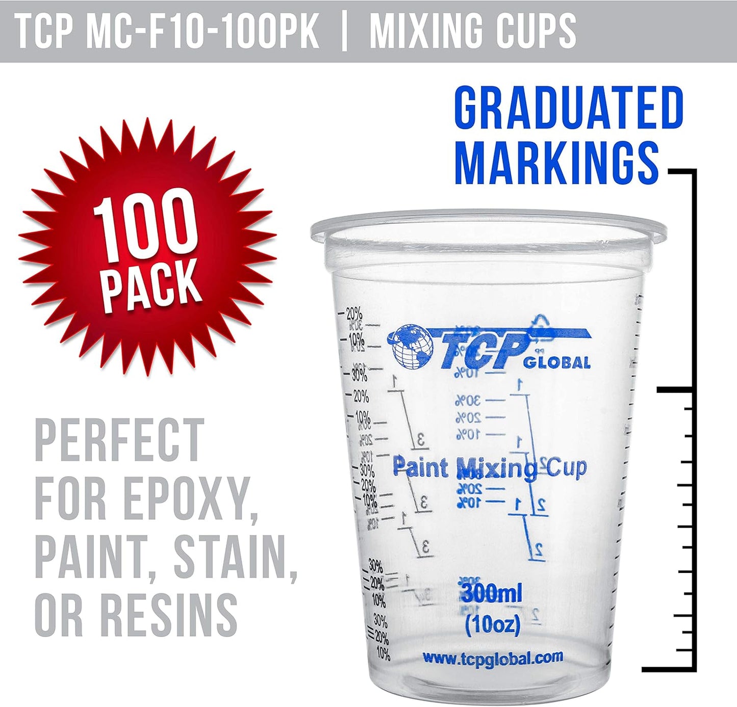 TCP Global 10 Ounce (300ml) Disposable Flexible Clear Graduated Plastic Mixing Cups - Box of 50 Cups & 50 Mixing Sticks - Use for Paint, Resin, Epoxy, Art, Kitchen - Measuring Ratios 2-1, 3-1, 4-1, ML