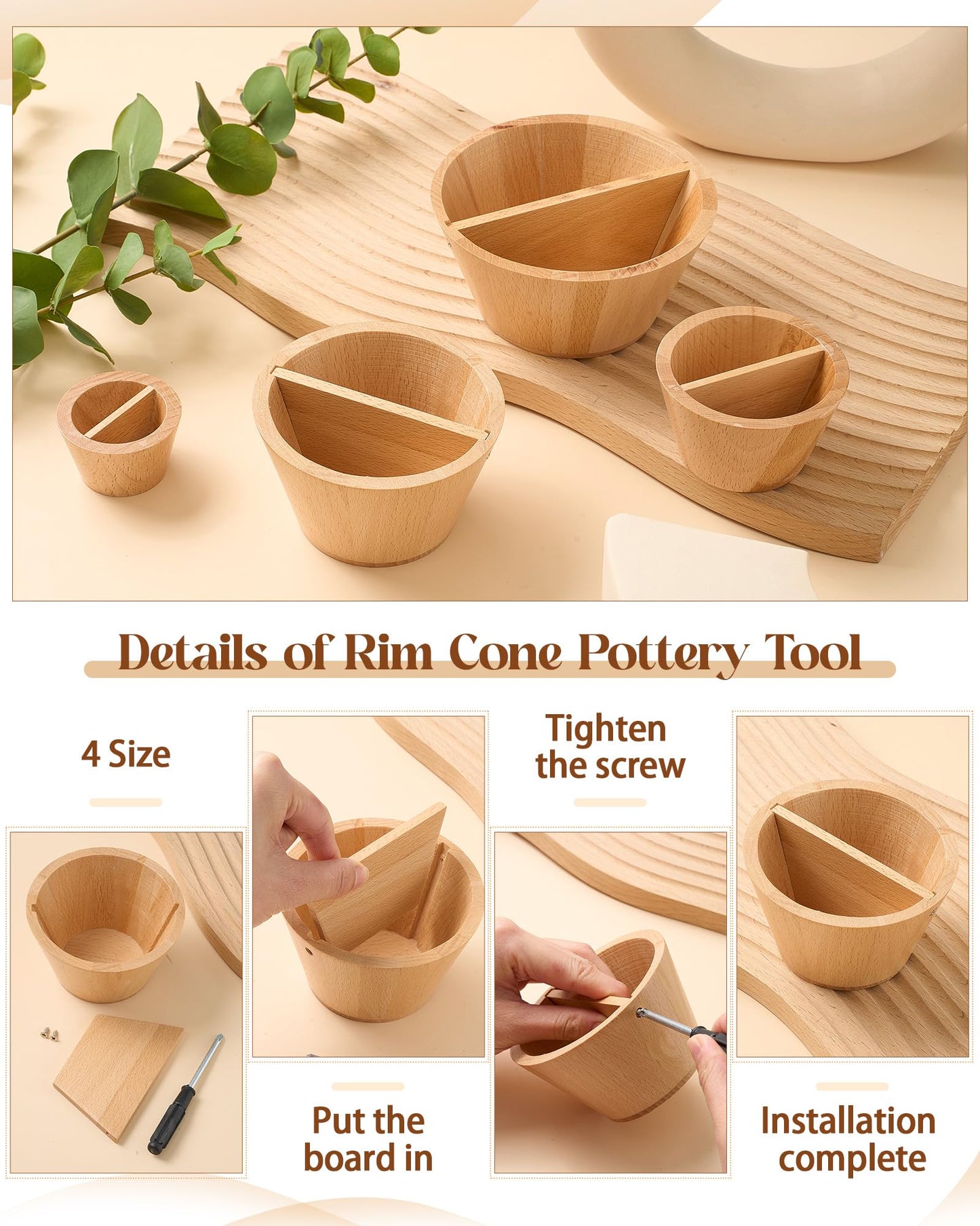 Colingmill 4 Pcs Rim Cone Shaper for Pottery and Ceramic Wooden Tools 4 Size Shaping Cone Trimming Tools for Sculpting Fixing Smoother Rounded Rim Pottery Artists and Hobbyists Supplies(Xs, S, M, L)