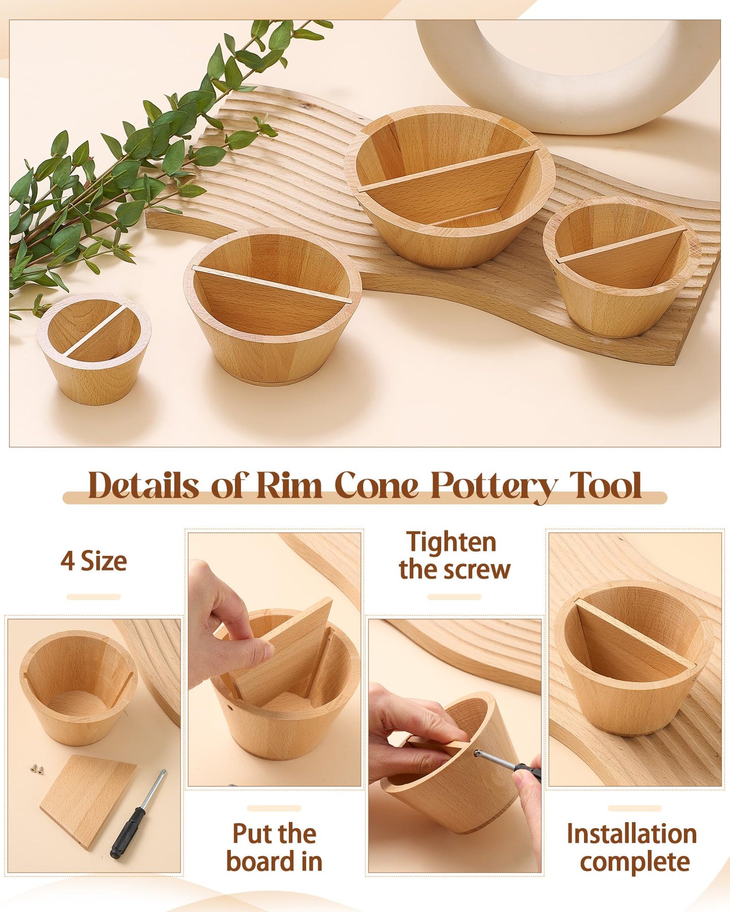 Colingmill 4 Pcs Rim Cone Shaper for Pottery and Ceramic Wooden Tools 4 Size Shaping Cone Trimming Tools for Sculpting Fixing Smoother Rounded Rim Pottery Artists and Hobbyists Supplies(Xs, S, M, L)
