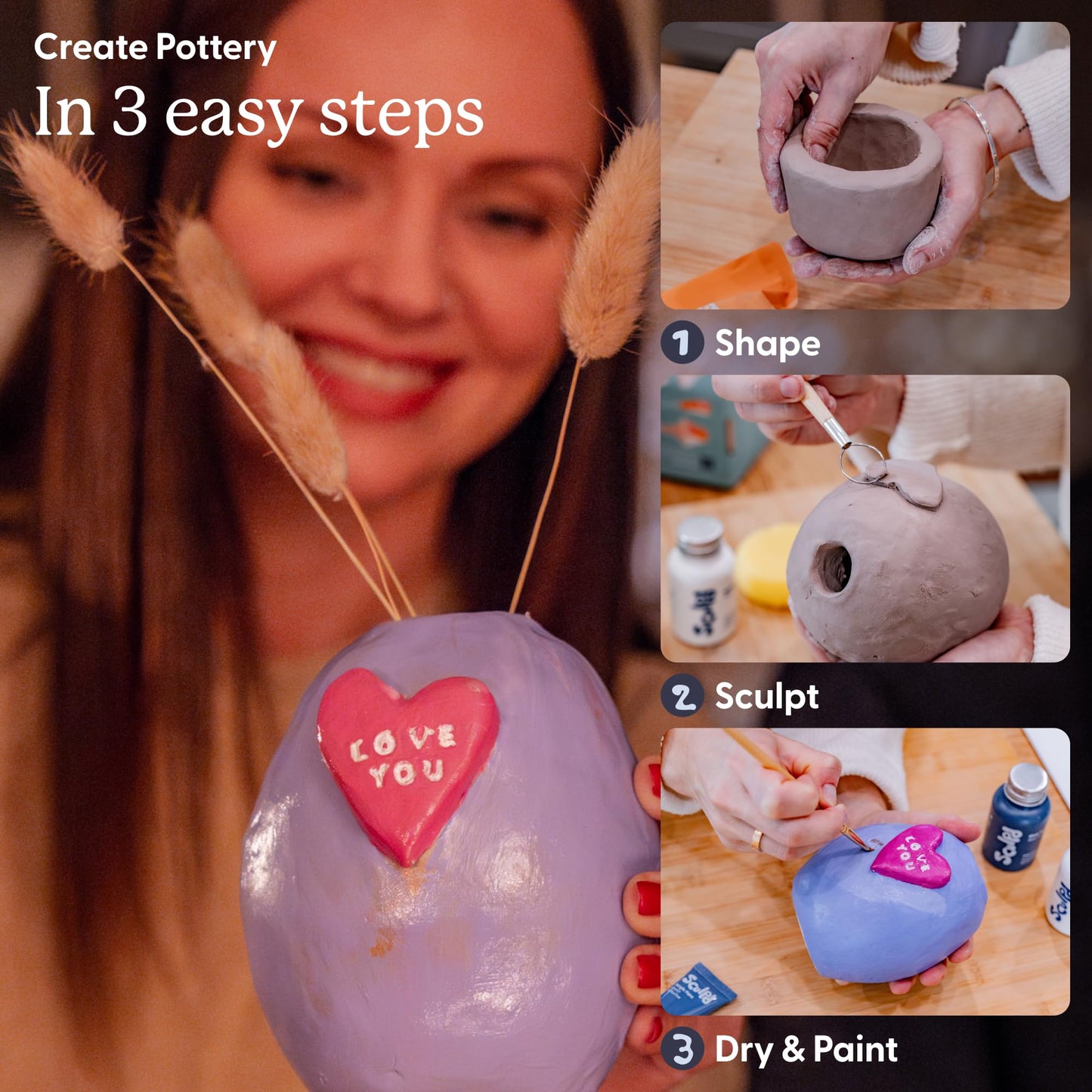 Sculpd Pottery Starter Kit - Complete Air Dry Clay Beginner Set for 2 Adults: Includes Sculpting Tools, Gloss Varnish, Paint Brushes, Guide, Video Tutorials & More - Date Night Gift, Arts Crafts Hobby