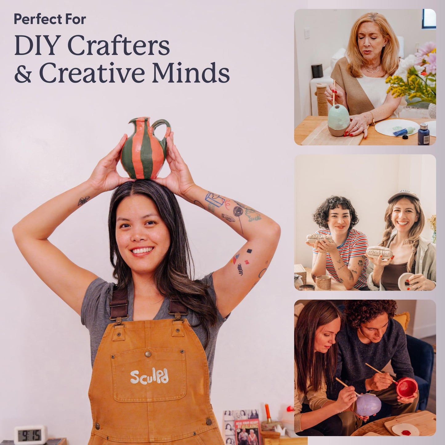 Sculpd Pottery Starter Kit - Complete Air Dry Clay Beginner Set for 2 Adults: Includes Sculpting Tools, Gloss Varnish, Paint Brushes, Guide, Video Tutorials & More - Date Night Gift, Arts Crafts Hobby