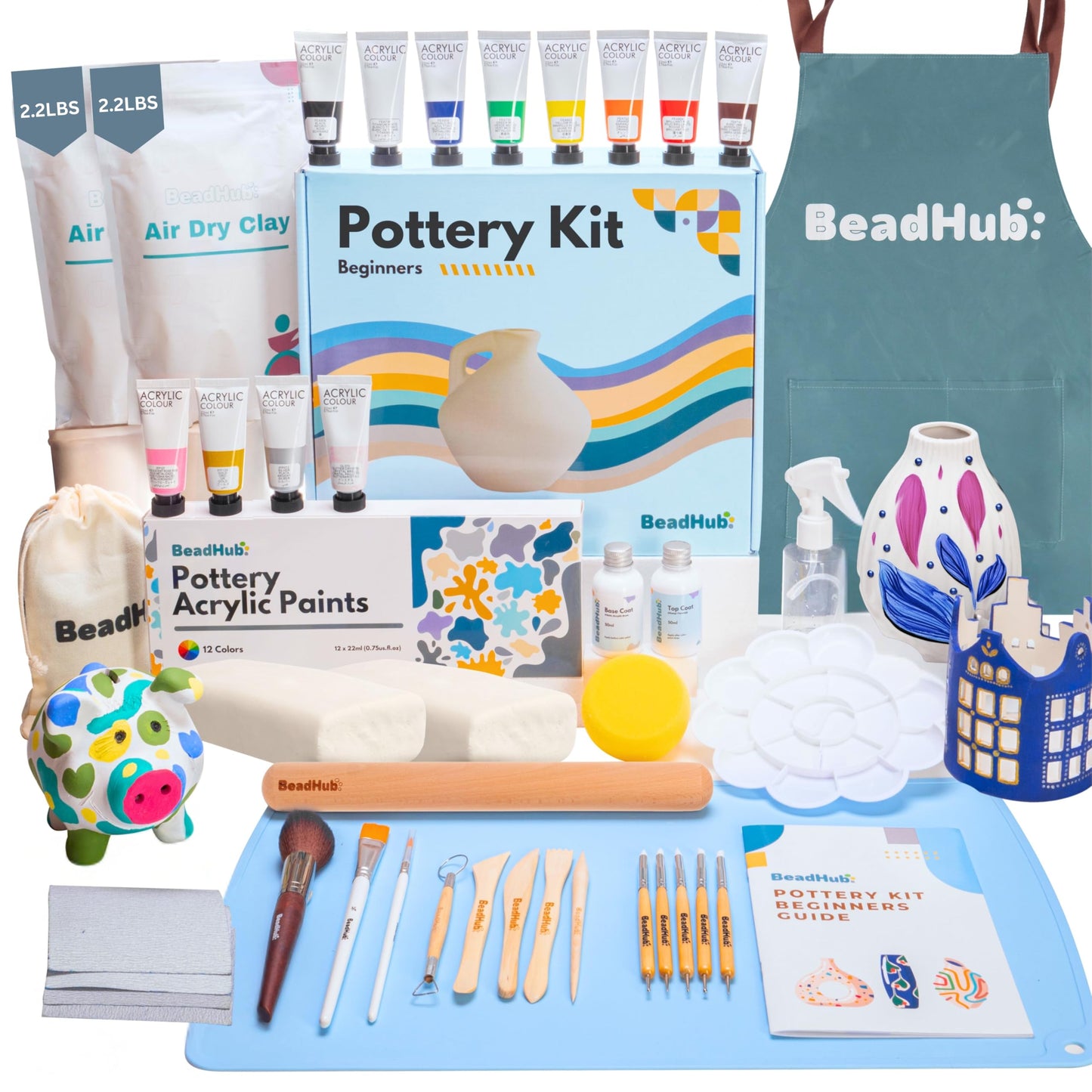 Pottery Kit for Beginners, 4.4Lbs Air Dry Clay for Adults with Sculpting Tools, Paint, Glaze, Air-Dry Modeling Clay Molding, Sculpt & Painting Set, Hobby Date Night DIY Art Craft Kits (White)