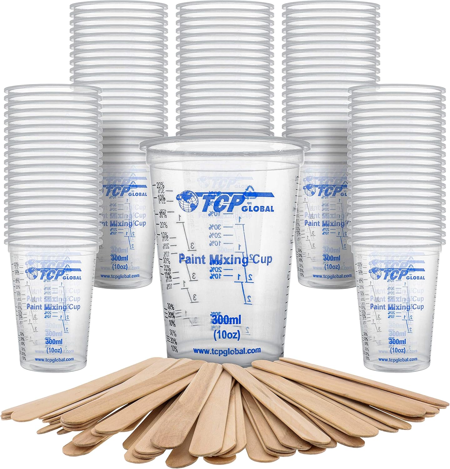 TCP Global 10 Ounce (300ml) Disposable Flexible Clear Graduated Plastic Mixing Cups - Box of 50 Cups & 50 Mixing Sticks - Use for Paint, Resin, Epoxy, Art, Kitchen - Measuring Ratios 2-1, 3-1, 4-1, ML