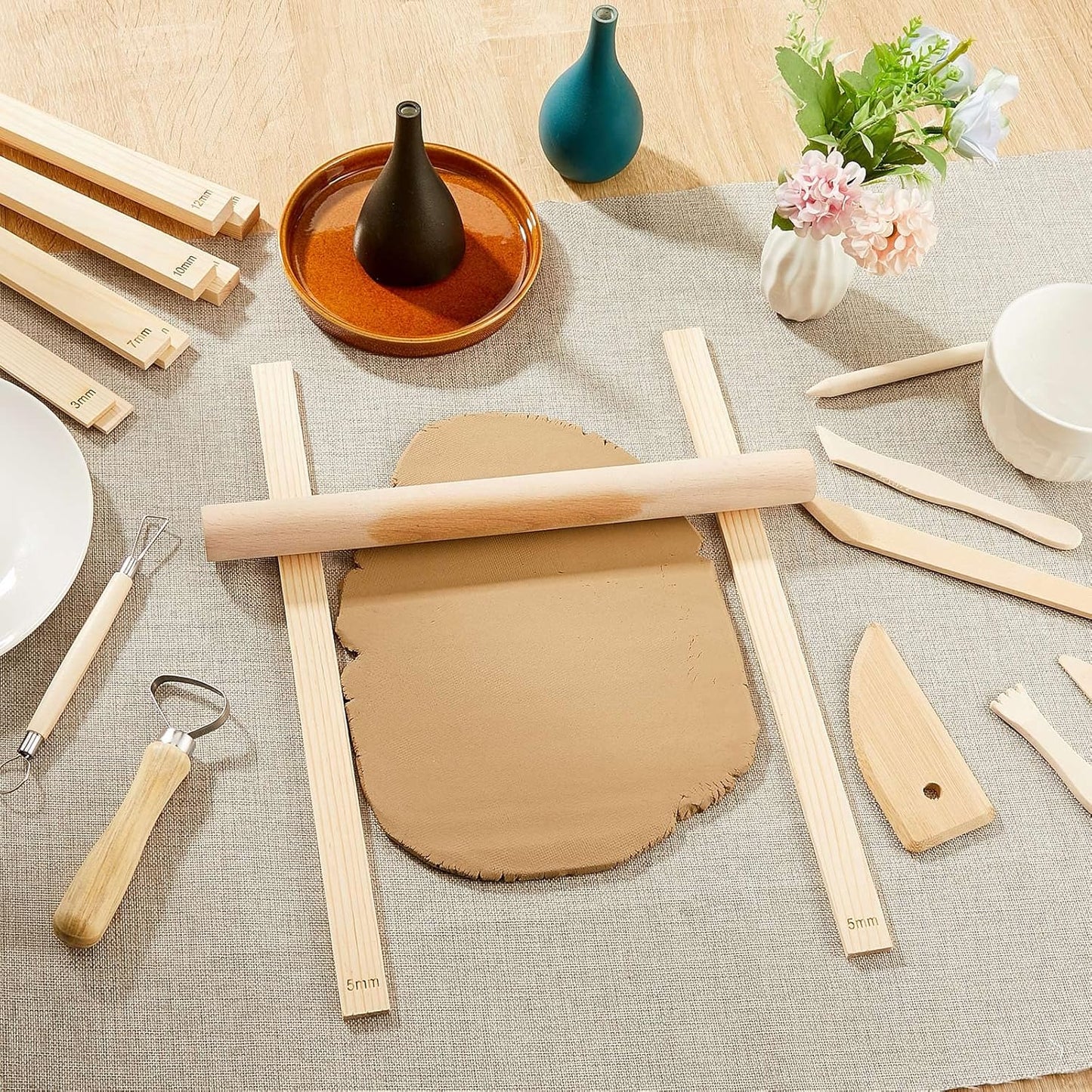 Sasylvia 10 Pcs Pottery Teaching Rolling Mud Stick Guide 5 Size Wooden Rolling Pin Guides Sticks Set Polymer Clay Depth Guide Pottery Tools Clay Tool Mudboard Tools for Polymer Thickness