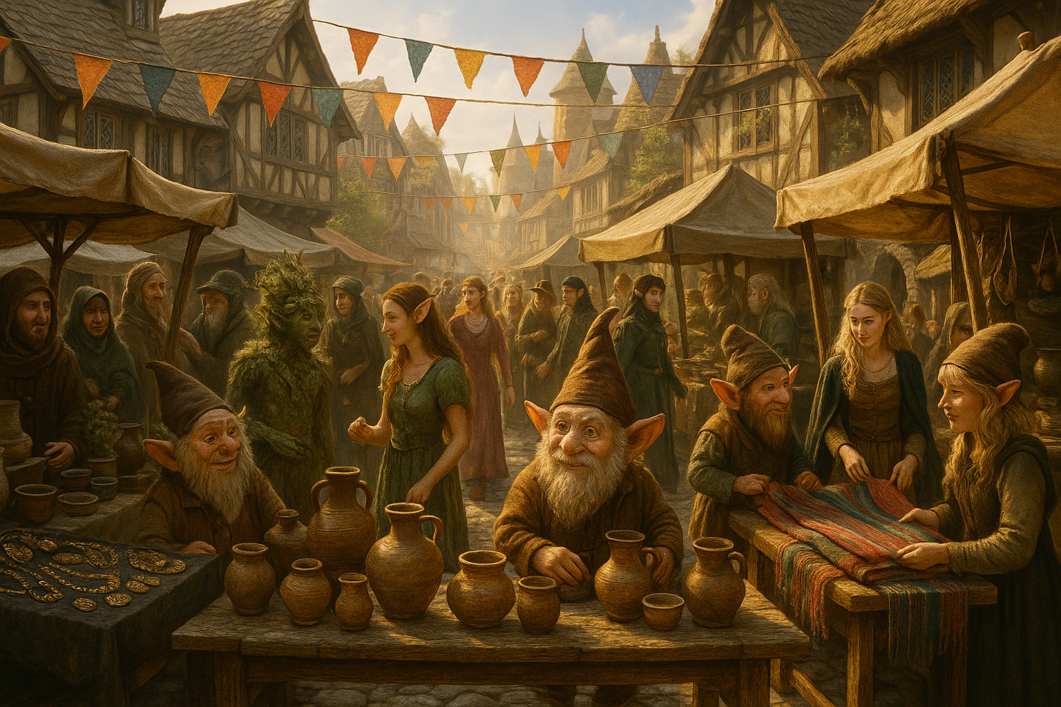 A retail market set in a medieval village. All of the artisans of the market are gnome-like characters with pointed ears, known as Ewflings. The patrons of the market are a mixture of humans, ewflings, and other Fae creatures. Photorealistic.