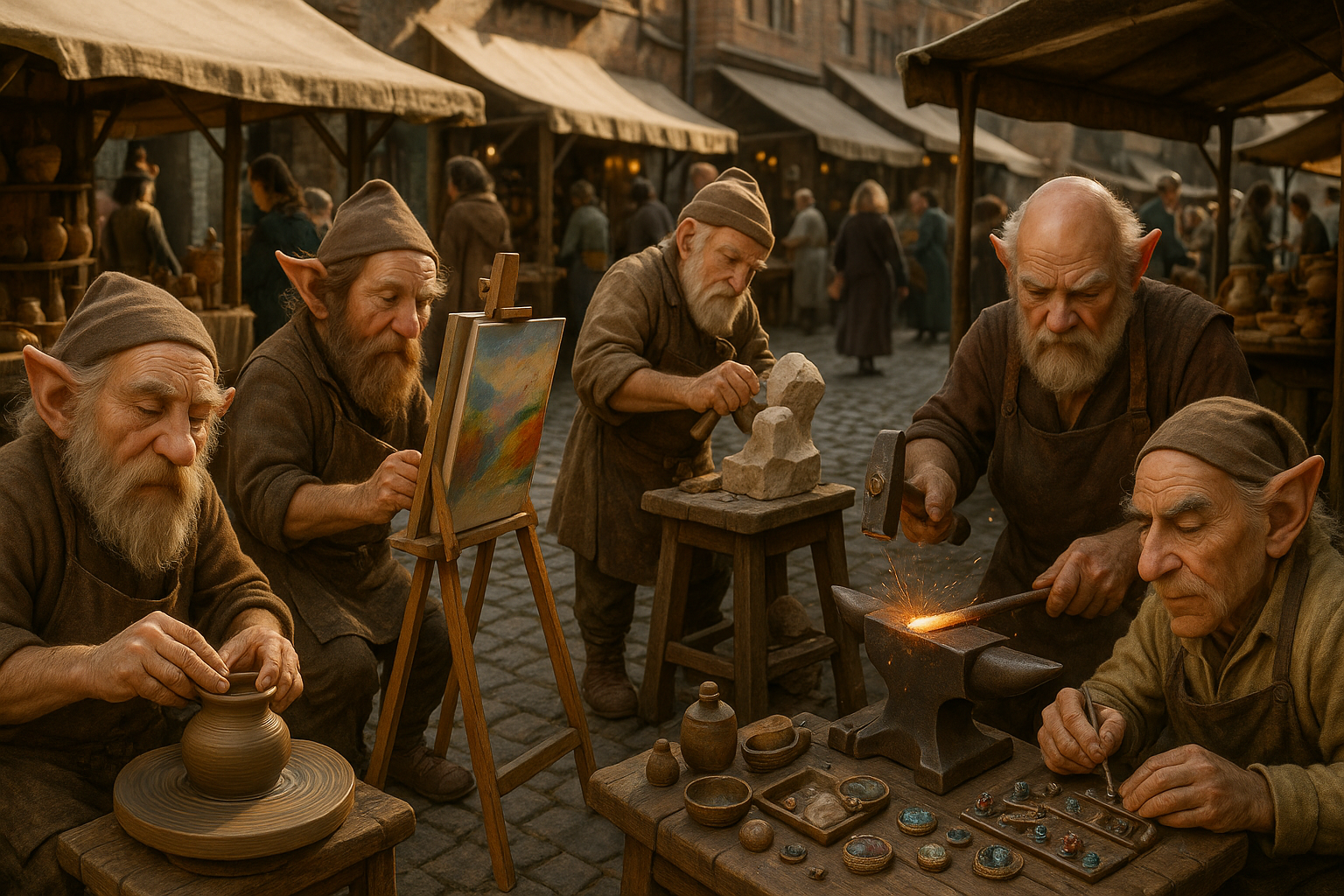 An artisan market square. All of the artisans (potter, painter, sculptor, blacksmith, and jeweler) are gnome-like characters with pointed ears. Photorealistic.