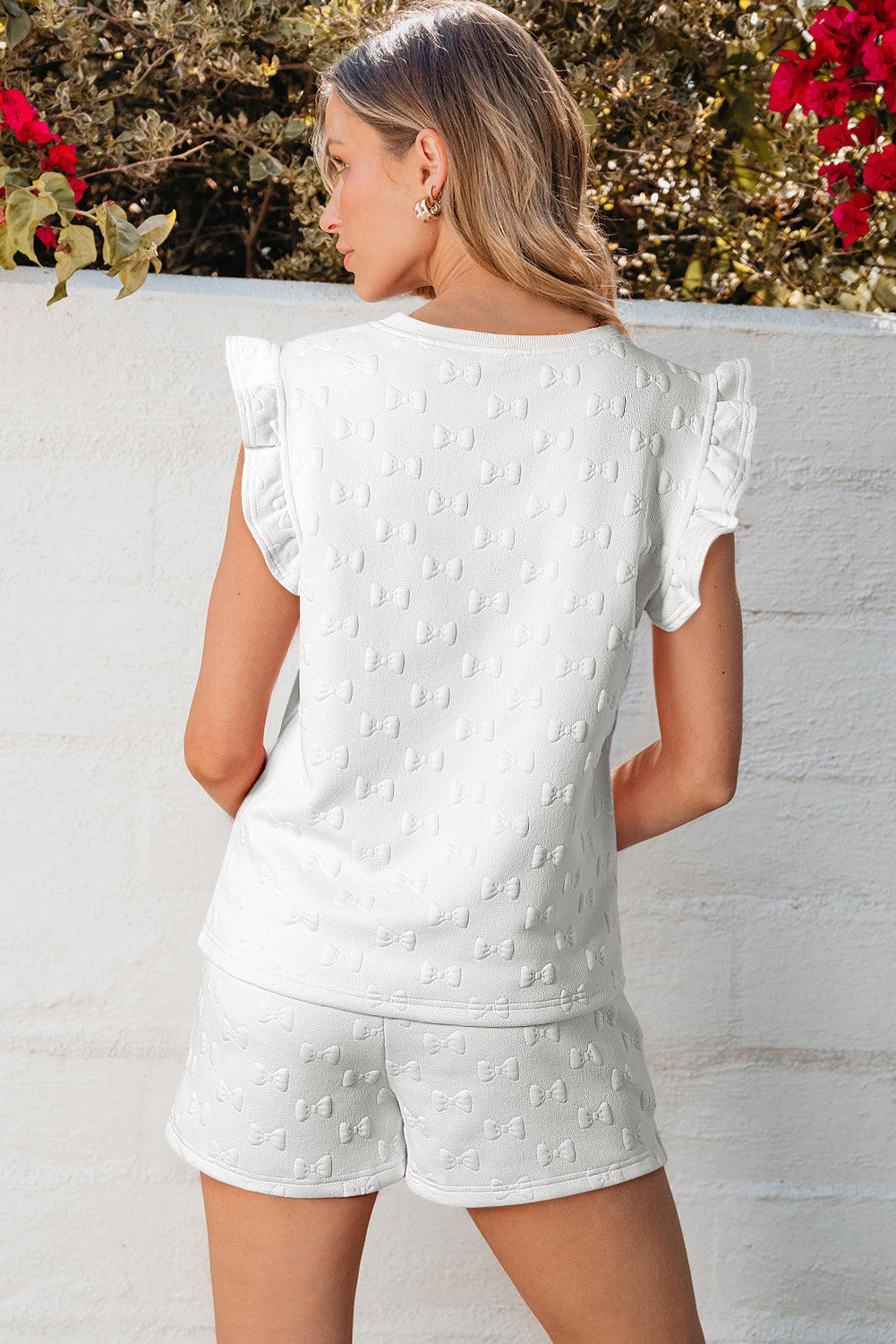 White Bow Jacquard Ruffle Sleeve Short 2pcs Outfit