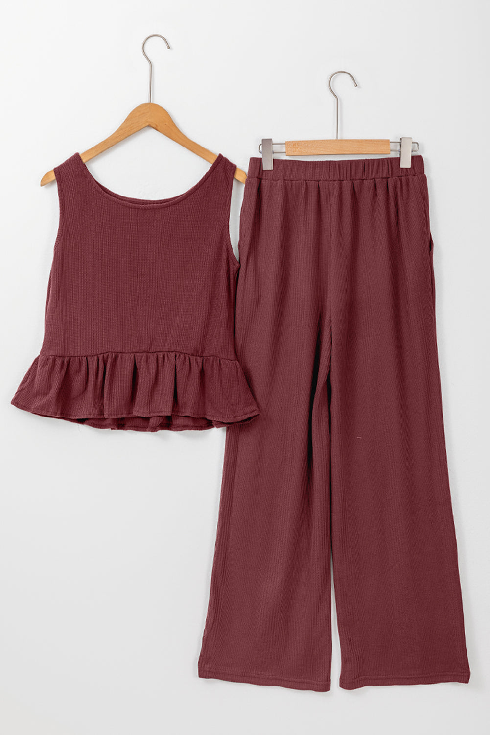 Red Dahlia Solid Color Ribbed Ruffle Tank Top and Pants Set