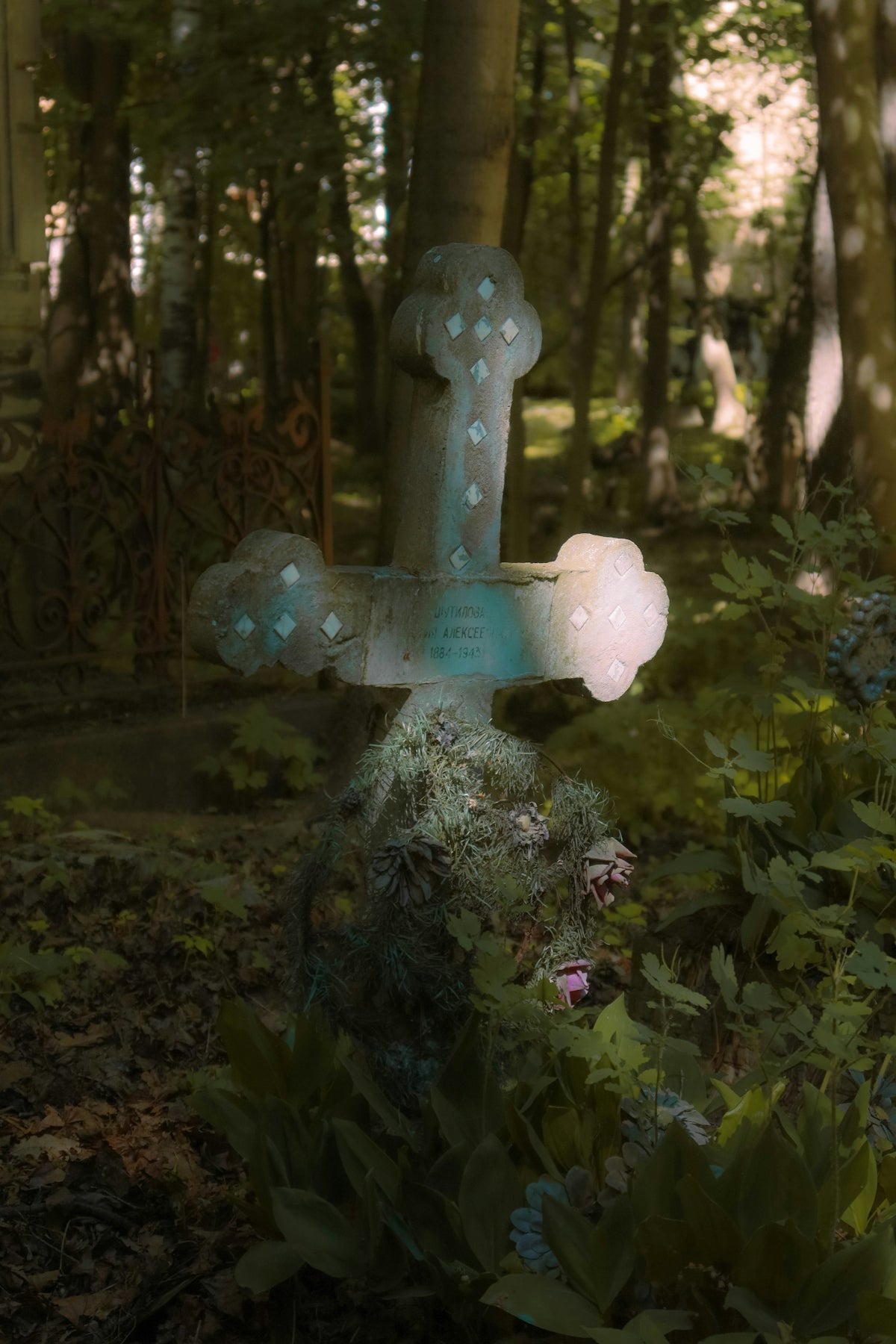 A blue fire hydrant sitting in the middle of a forest