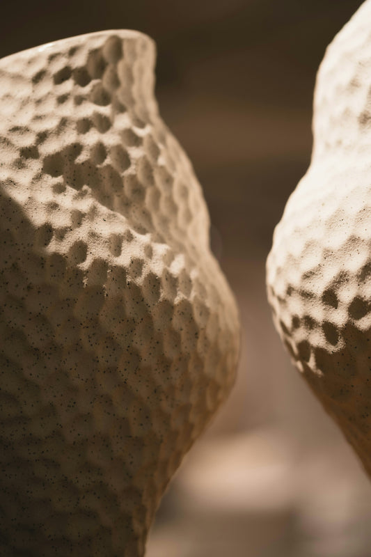 Two textured sculptures stand side by side.
