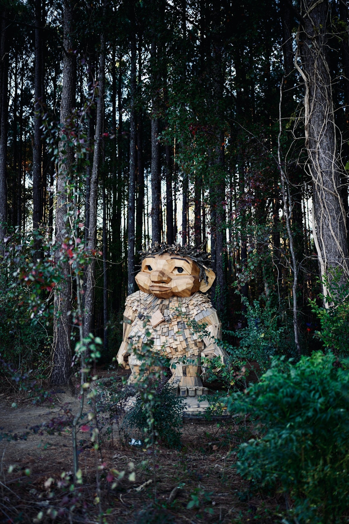 A wooden troll sculpture in a forest setting.