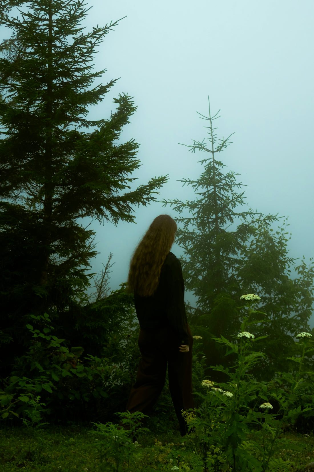 Woman with long hair in misty forest with trees