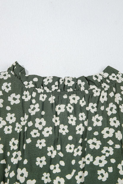 Green Boho Floral Print V Neck Tunic Sleeveless Dress