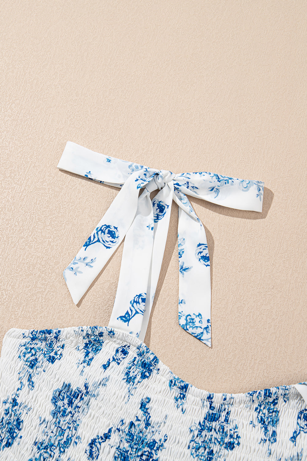 Sky Blue Floral Print Shirred Knot Shoulder Sleeveless Long Dress