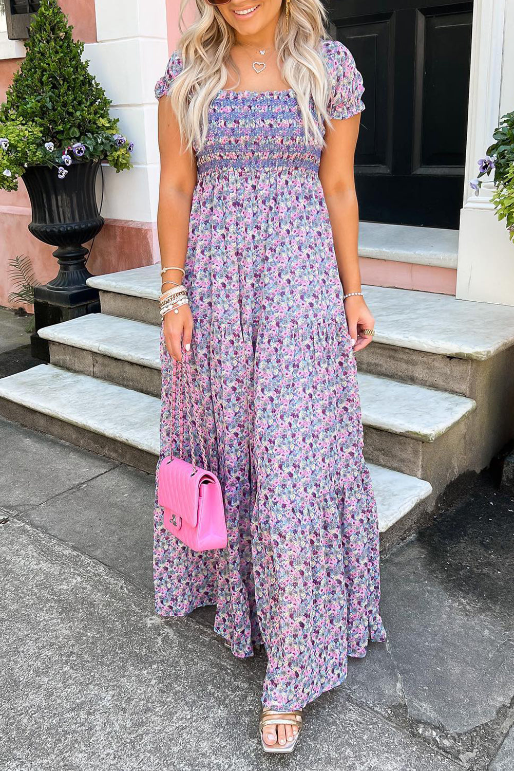 Purple Floral Short Bubble Sleeve Shirred High Waist Maxi Dress