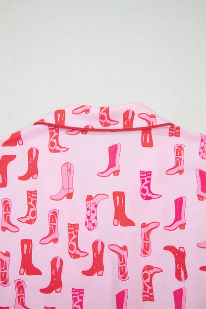 Pink Western Cowgirl Boots Printed Shirt Ruffled Shorts Pajama Set
