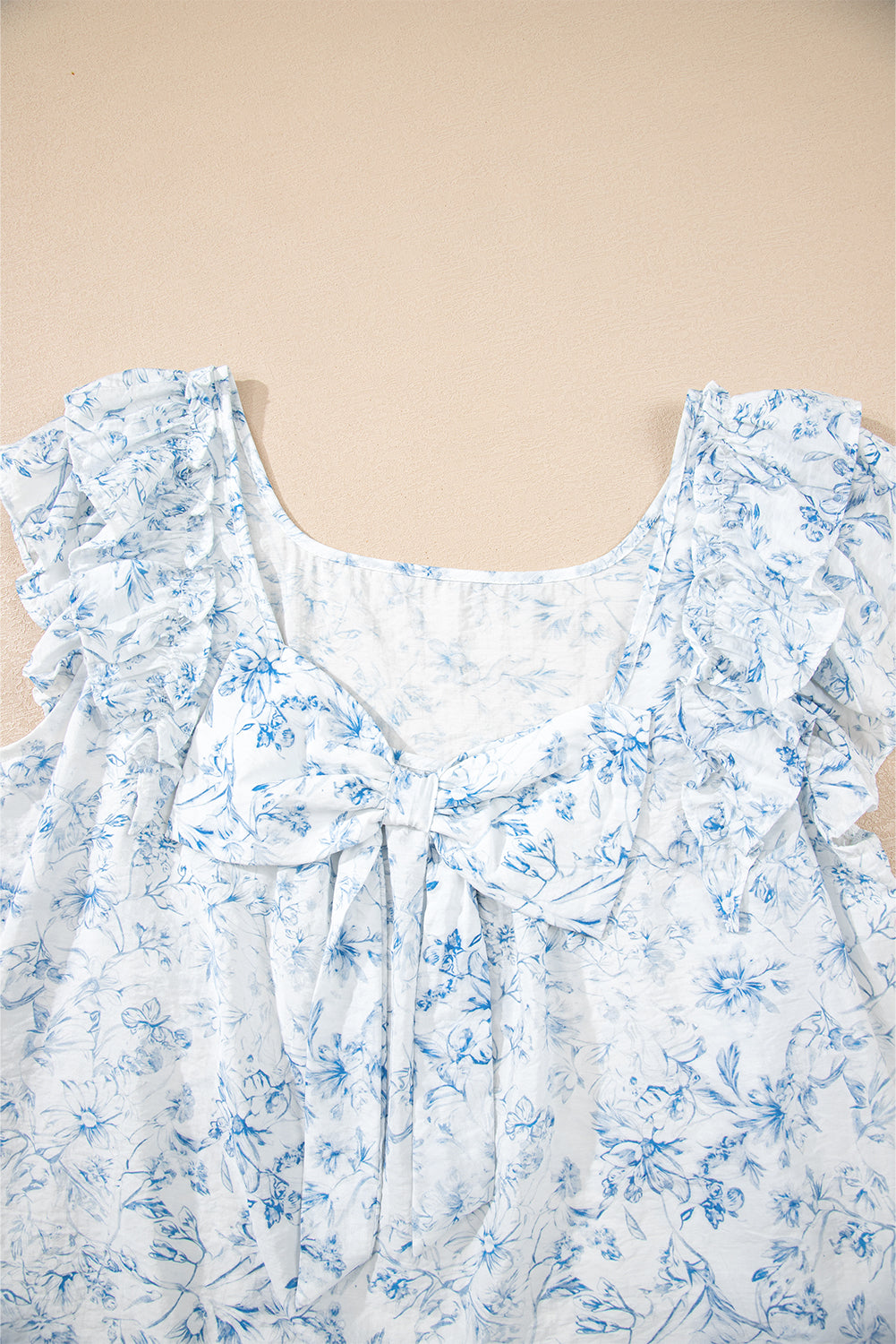 Sky Blue Floral Ruffled Short Sleeve Bow Back Square Neck Blouse