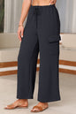 Black Drawstring Frilled Waist Wide Leg Utility Trousers