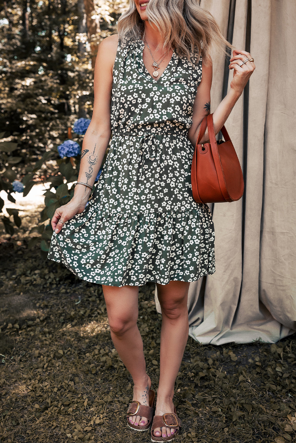 Green Boho Floral Print V Neck Tunic Sleeveless Dress