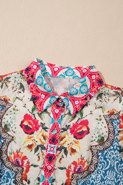 Rose Floral Mixed Pattern Ruffle Flutter Sleeve Buttoned Dress