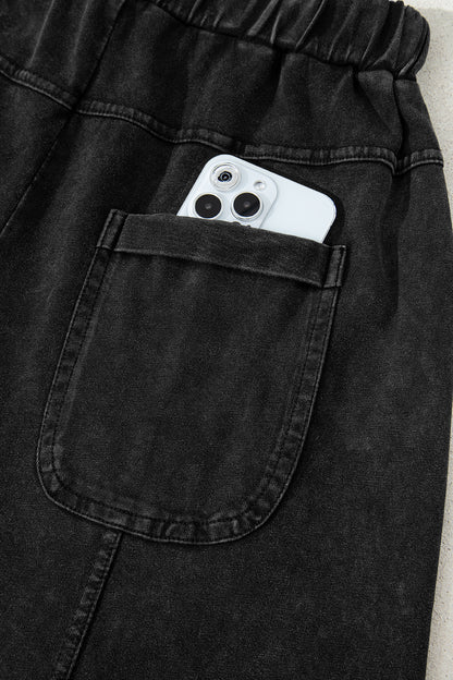 Black Mineral Wash Exposed Seam Drawstring High Waist Wide Leg Cargo Pants