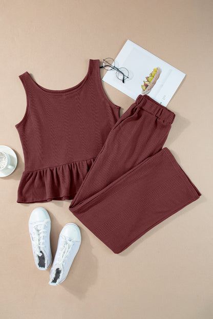 Red Dahlia Solid Color Ribbed Ruffle Tank Top and Pants Set