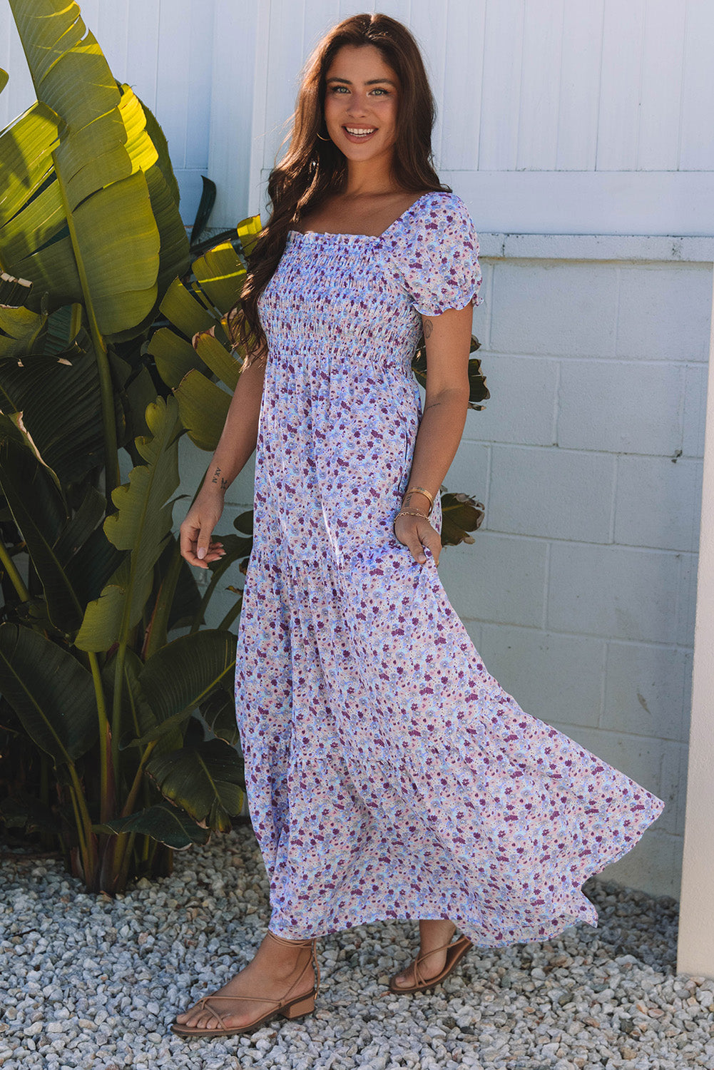 Purple Floral Short Bubble Sleeve Shirred High Waist Maxi Dress