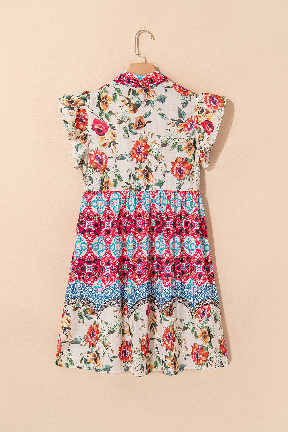 Rose Floral Mixed Pattern Ruffle Flutter Sleeve Buttoned Dress