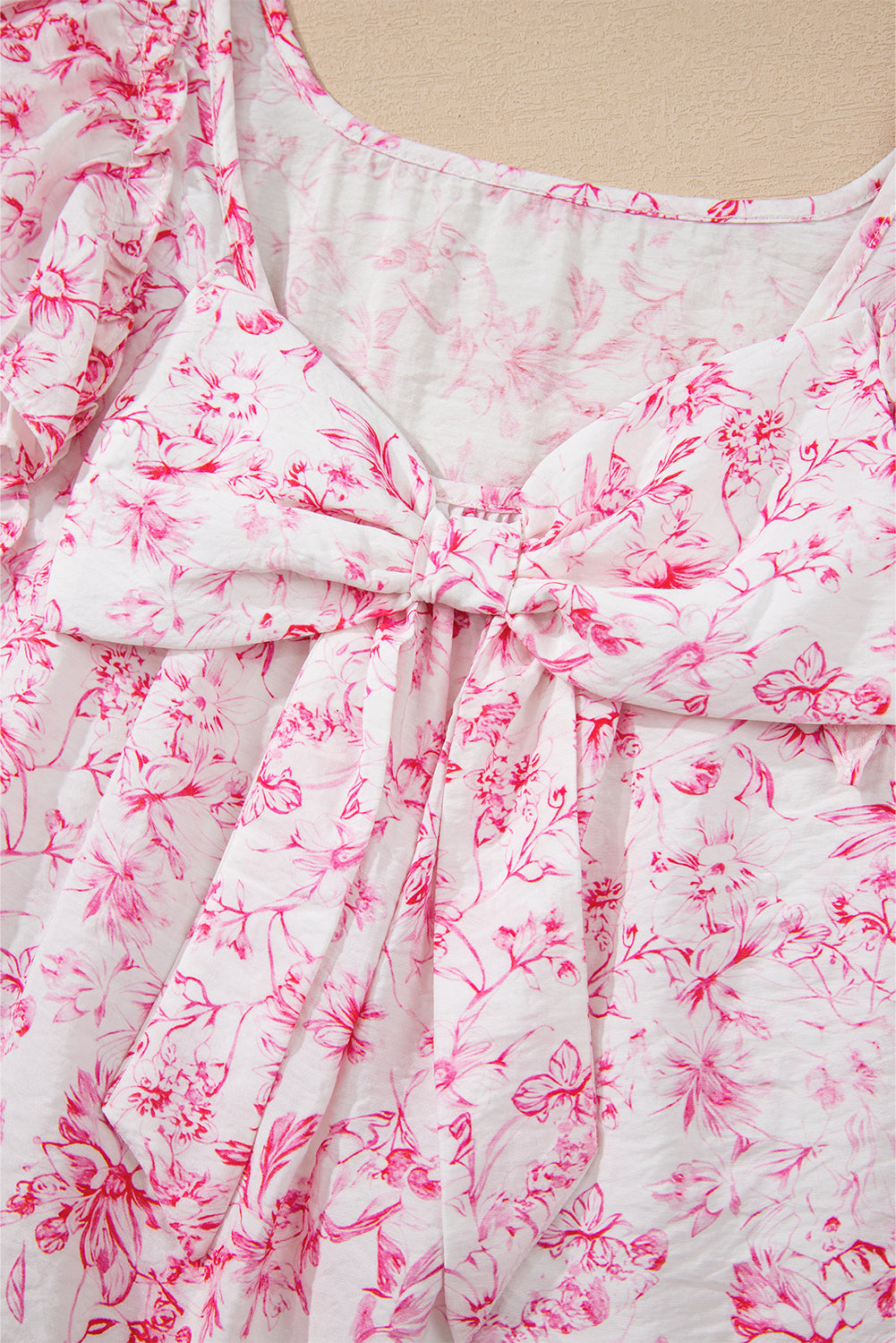 Pink Floral Ruffled Short Sleeve Bow Back Square Neck Blouse