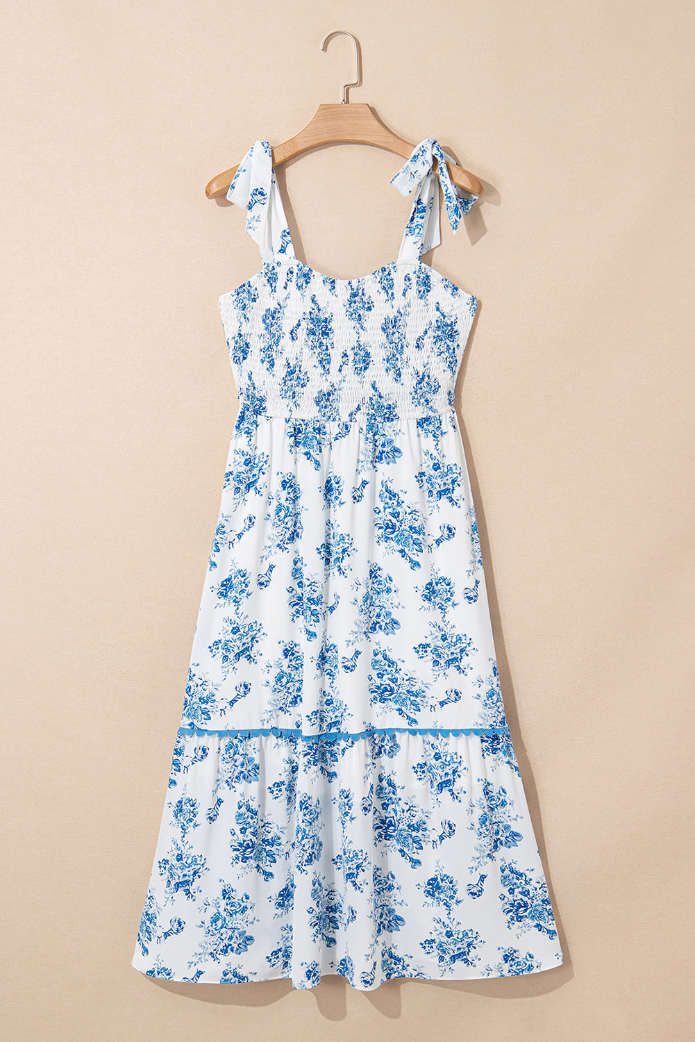 Sky Blue Floral Print Shirred Knot Shoulder Sleeveless Long Dress