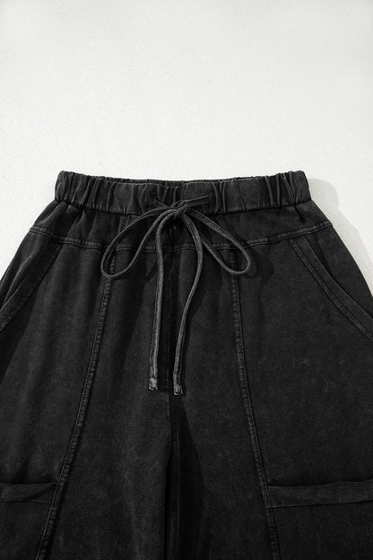 Black Mineral Wash Exposed Seam Drawstring High Waist Wide Leg Cargo Pants
