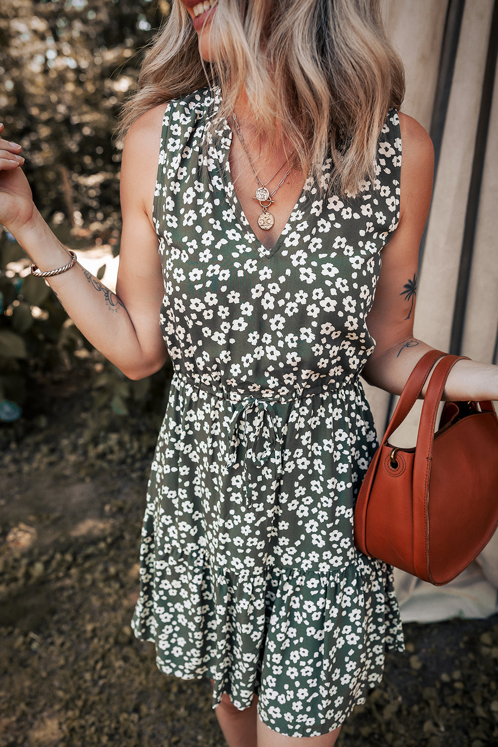 Green Boho Floral Print V Neck Tunic Sleeveless Dress