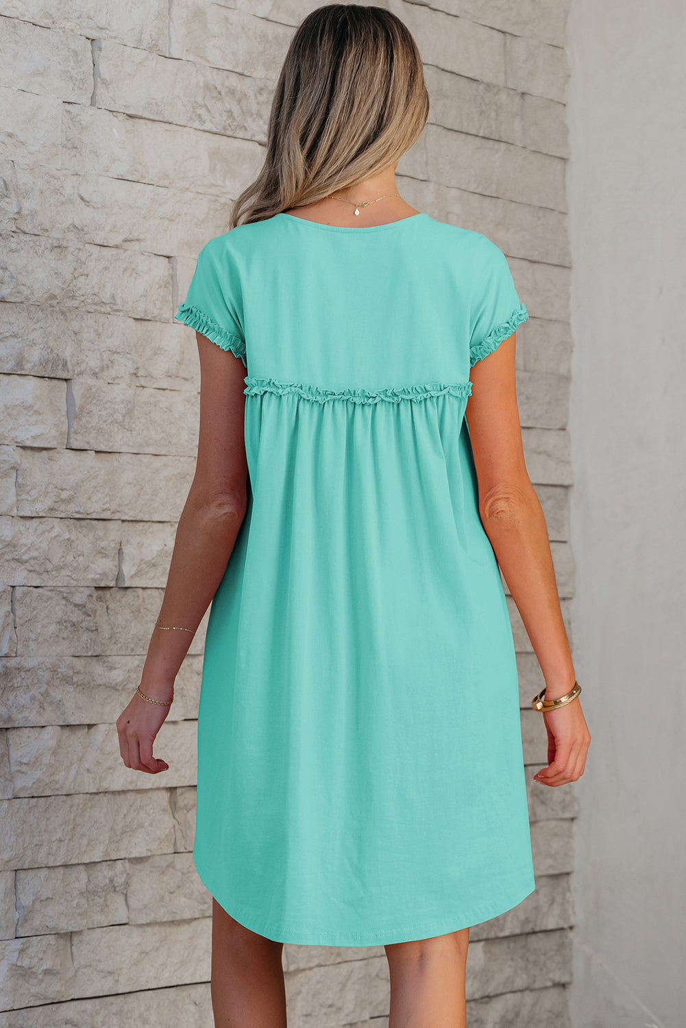 Mint Green Frilled Trim Crew Neck Loose Fit Mini Dress