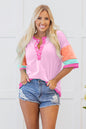 Pink Solid Color Half Sleeve Buttons Henley Top