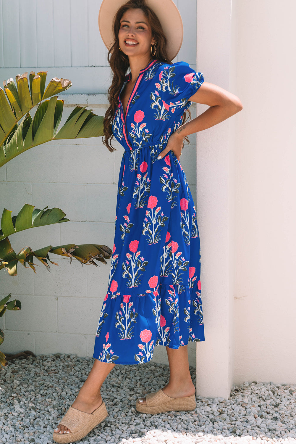 Sky Blue Floral Puff Short Sleeve V Neck High Waist Maxi Dress