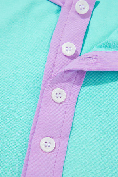 Light Blue Solid Color Half Sleeve Buttons Henley Top