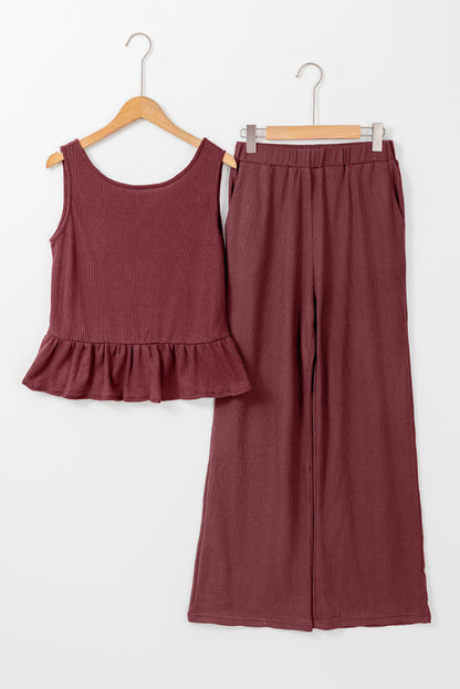 Red Dahlia Solid Color Ribbed Ruffle Tank Top and Pants Set
