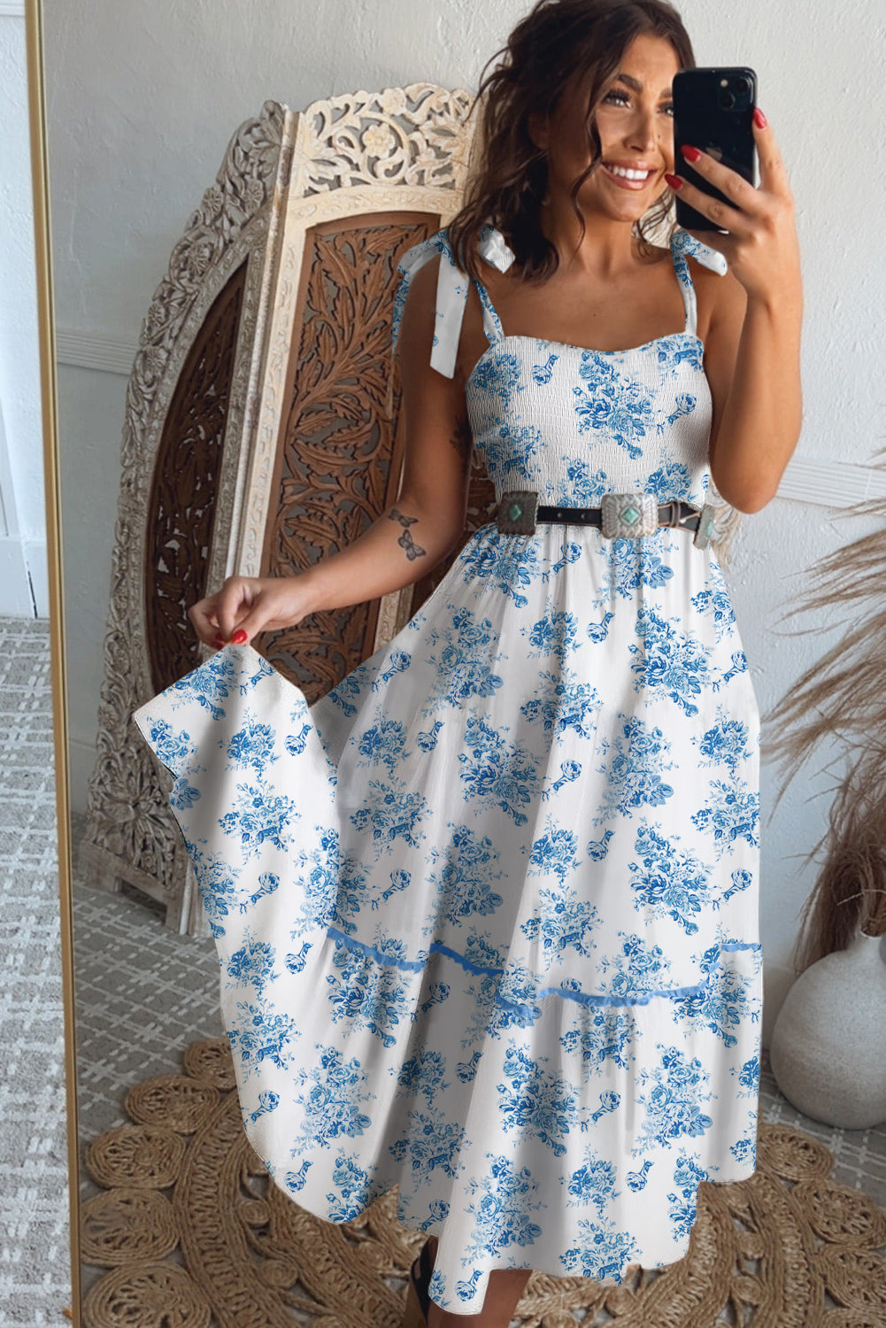 Sky Blue Floral Print Shirred Knot Shoulder Sleeveless Long Dress