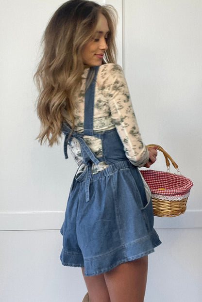 Sky Blue Buckle Straps Bib Style Drawstring Tied Backless Flared Denim Romper