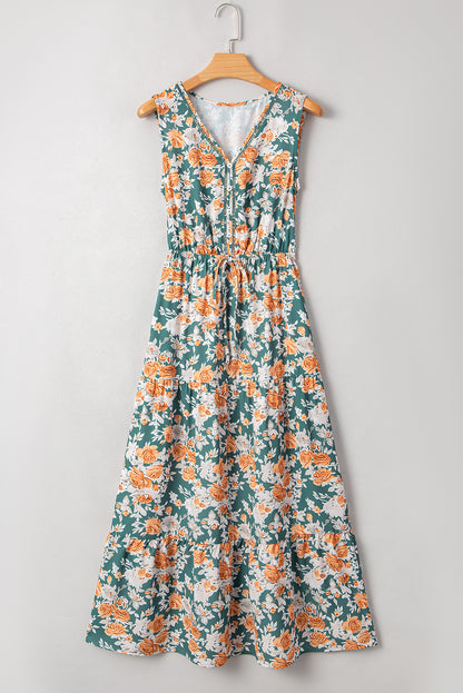 Green Floral Print Trimmed V Neck Tie Waist Sleeveless Holiday Long Dress
