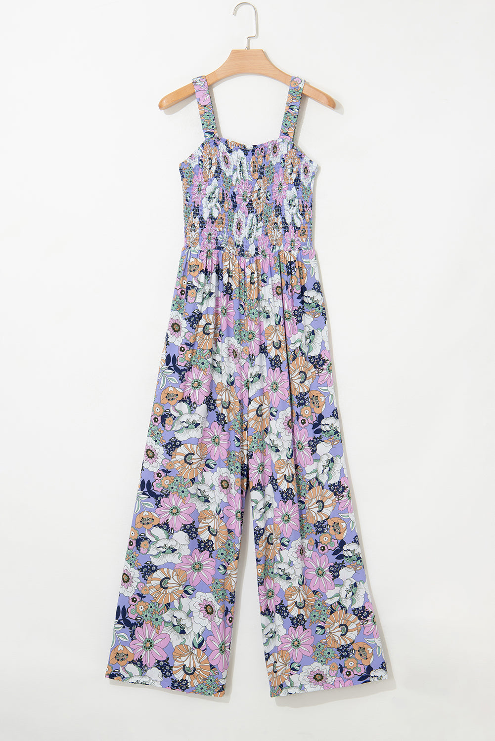 Purple Floral Print Smocked High Waist Square Neck Jumpsuit