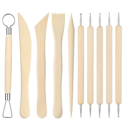 10Pcs Wooden Clay Sculpting Tools, 6.2'' Smooth Double Ended Clay Modeling Tools, Polymer Clay Tools Sculpting, Wood Pottery Clay Tool Kit for Ceramics Soap Playdough Carving Supplies