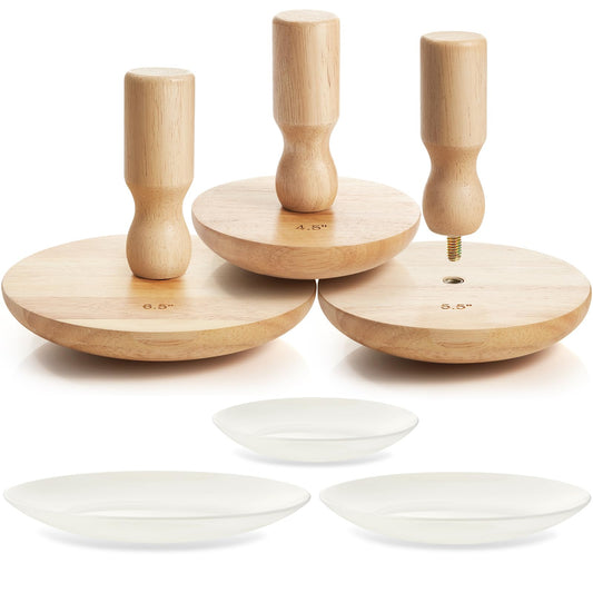 Wenqik 3 Pack Pottery Molds 4. 5'', 6. 5'', 8. 5'' Plaster Molds Wood Pottery Tools with Handle Ceramic Tools for Ceramic Top Forms for DIY Bowls Plate Dish Slump Press Art Making