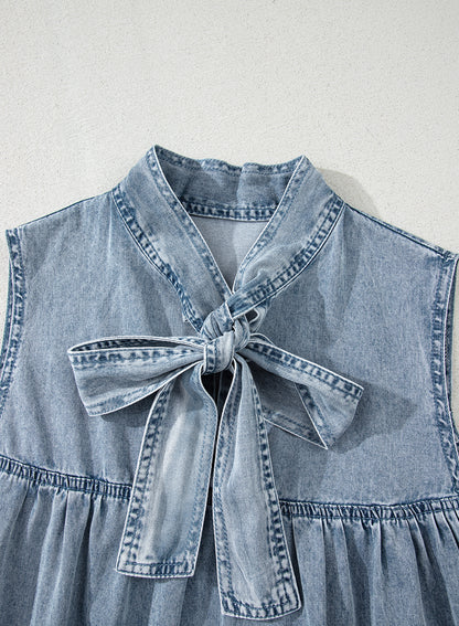 Real Teal Bowknot Neck Sleeveless Ruffled Chambray Dress