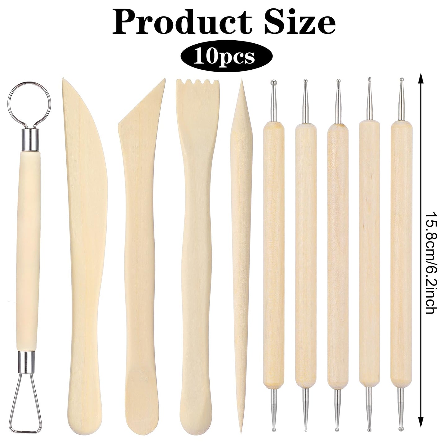 10Pcs Wooden Clay Sculpting Tools, 6.2'' Smooth Double Ended Clay Modeling Tools, Polymer Clay Tools Sculpting, Wood Pottery Clay Tool Kit for Ceramics Soap Playdough Carving Supplies