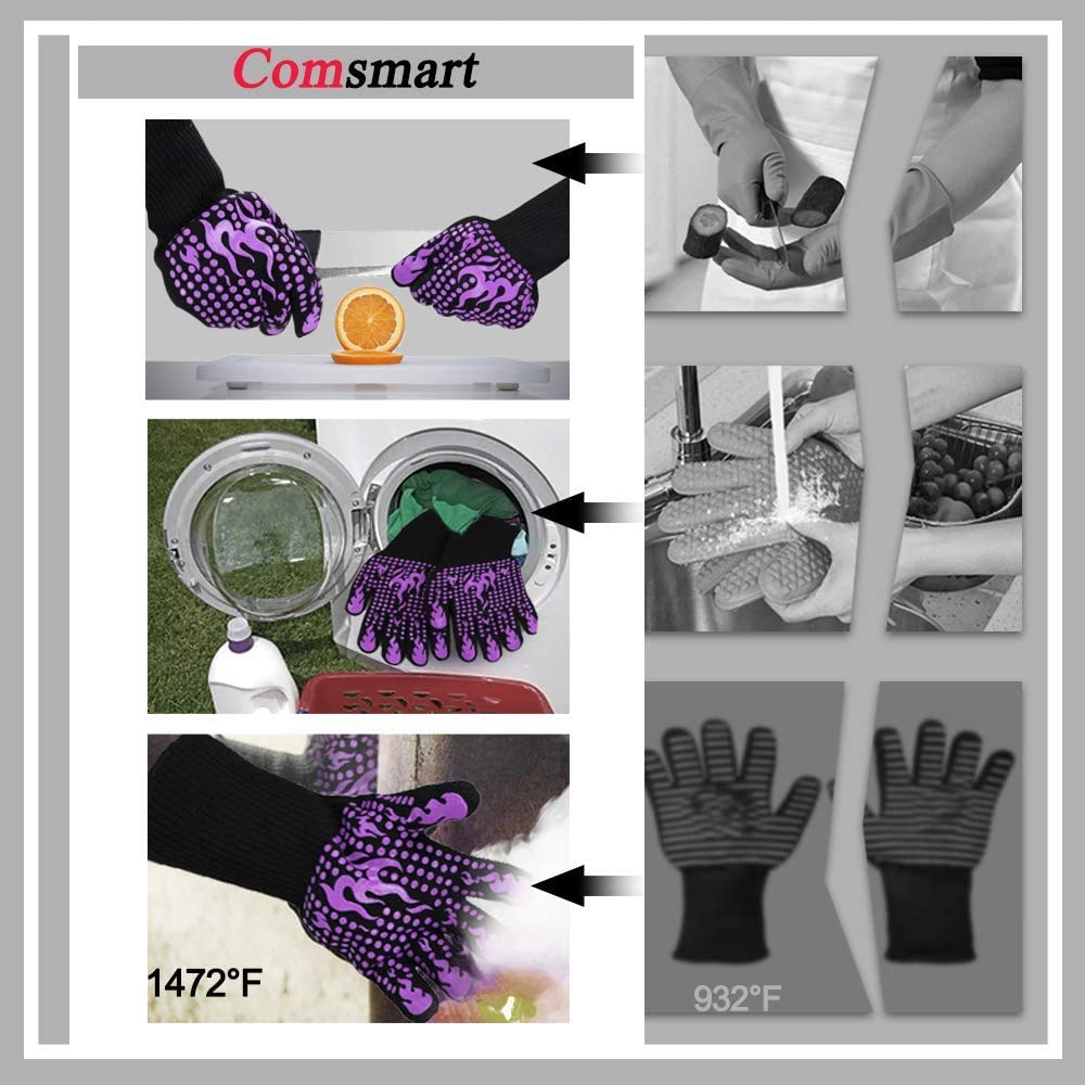 Comsmart BBQ Gloves, 1472F Heat Resistant Silicone Non-Slip Oven Mitts, Long Kitchen Gloves Perfect for Grilling, Cooking, Baking, Cutting, Blue