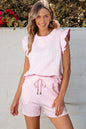 Pink Bow Jacquard Ruffle Sleeve Short 2pcs Outfit